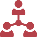 Rotes Symbol, das eine Organisationshierarchie zeigt: eine Figur an der Spitze, die durch Linien mit drei Figuren darunter verbunden ist, die eine Führungs- oder Teamleitungsstruktur darstellen.