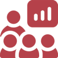 Rotes Symbol, das eine Person zeigt, die vor drei Personen präsentiert, mit einem Diagramm mit drei vertikalen Balken darüber, das eine Präsentation oder ein Treffen symbolisiert.